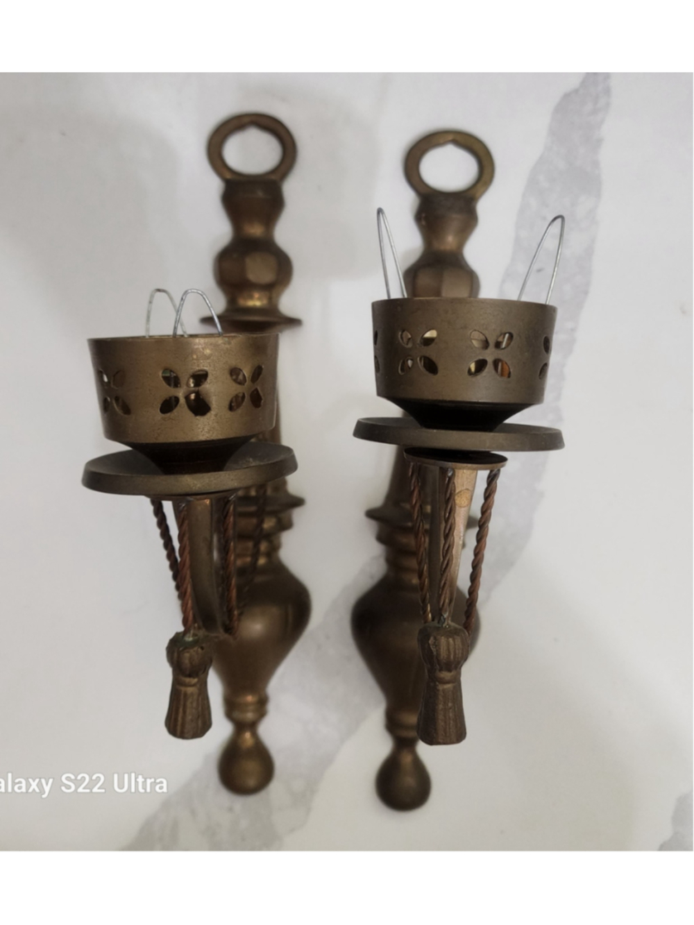 Antique Brass Wall Candle Sconces Pair Twisted Wire Tassel Gothic Mediterranean